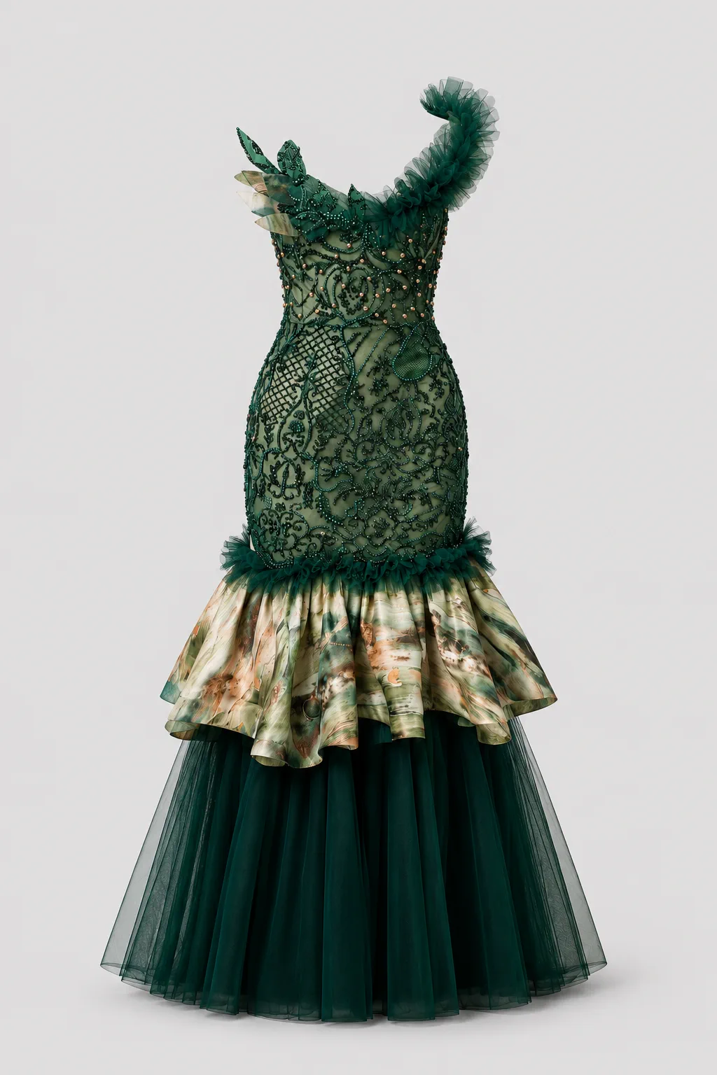 Emerald green beaded lace gown with a one-shoulder ruffle, floral tiered skirt and tulle hem