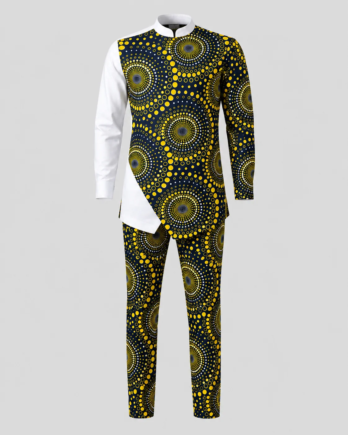 Men's two-piece set with an asymmetric white and navy-and-gold circular print shirt and matching trousers