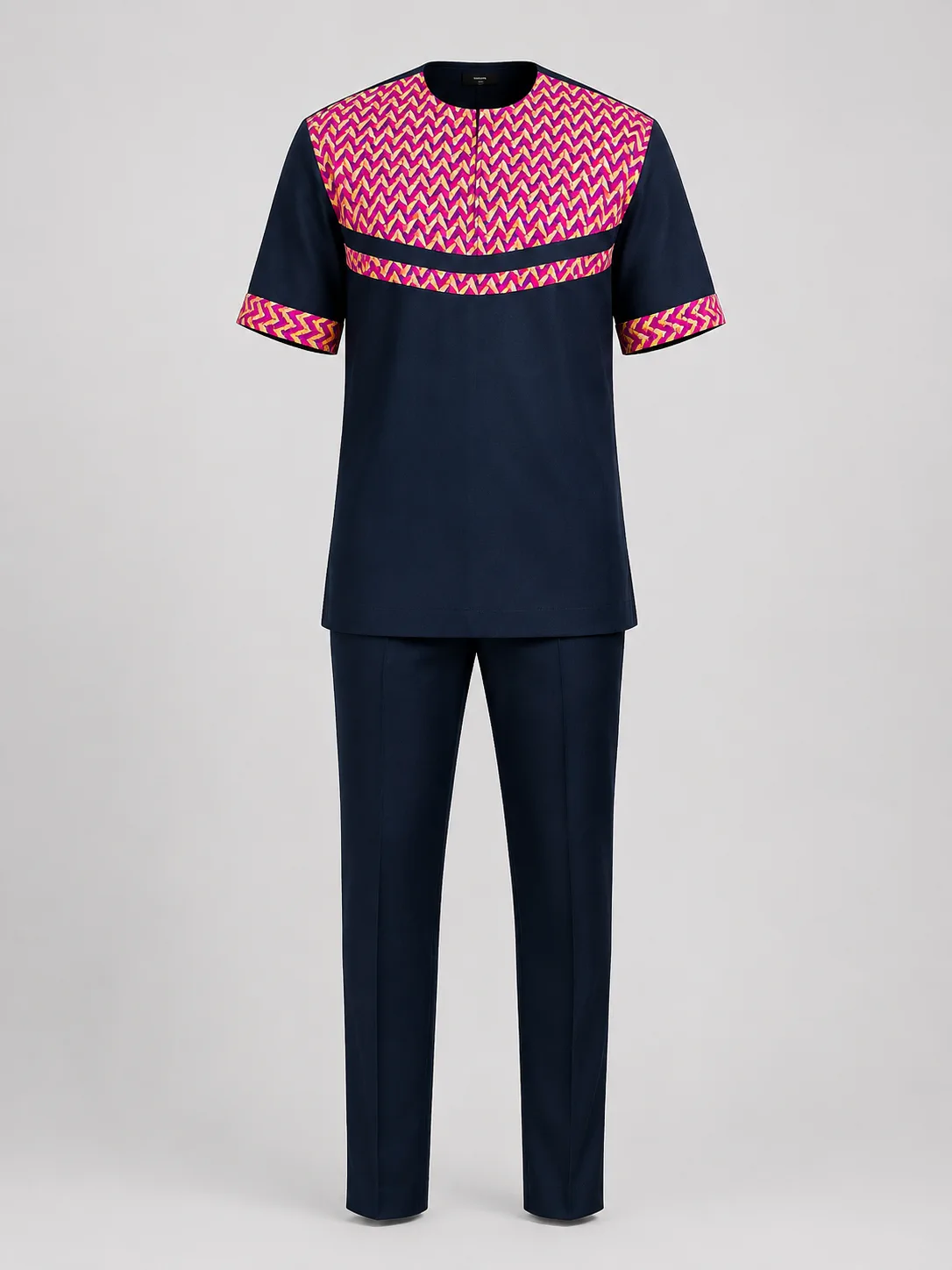 Men's navy short-sleeve top with a pink chevron print yoke and matching trousers
